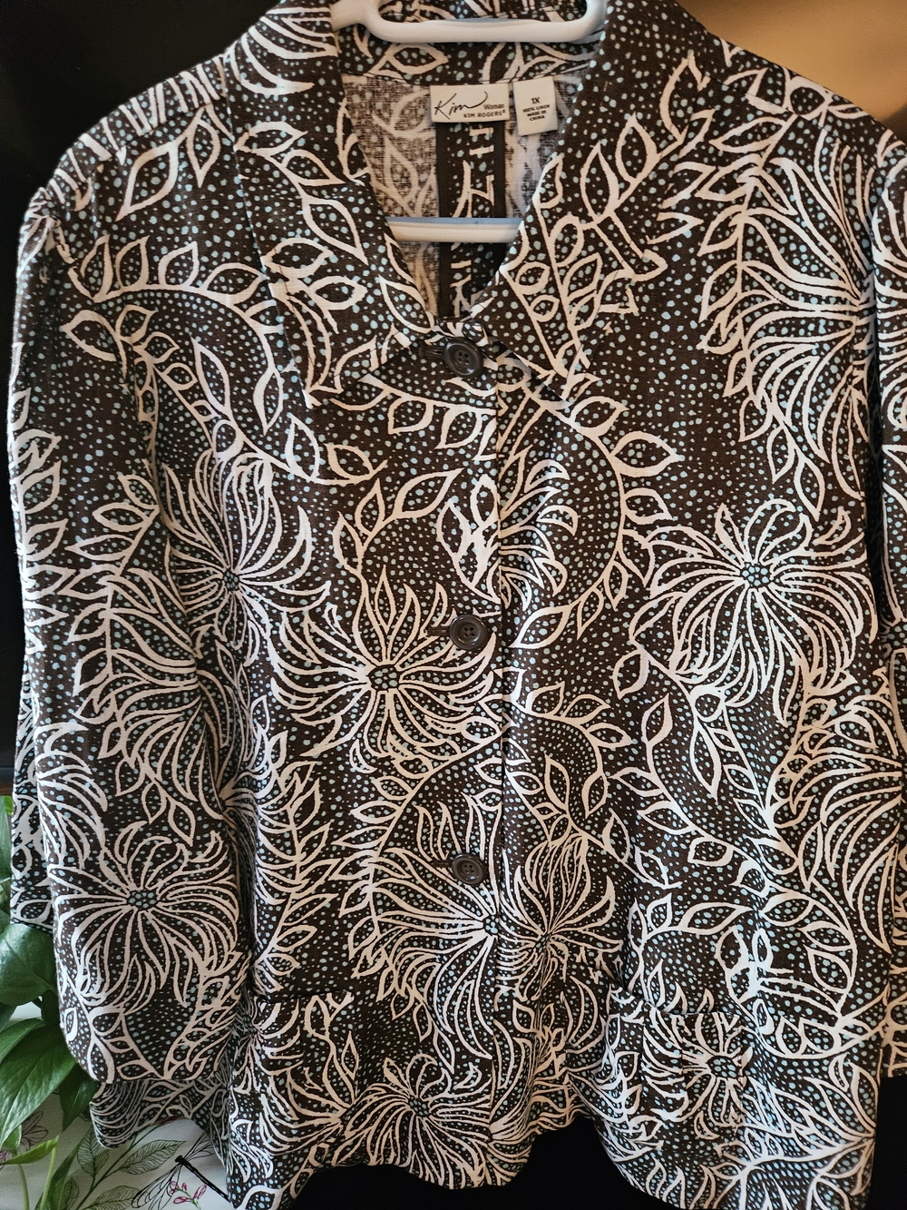 Kim Rogers Brown, Turquoise &  White Floral Button-Front Women's Top